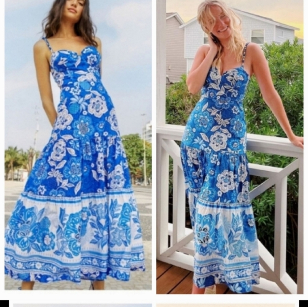 FARM Rio Blue & White Floral Tiered Maxi Dress